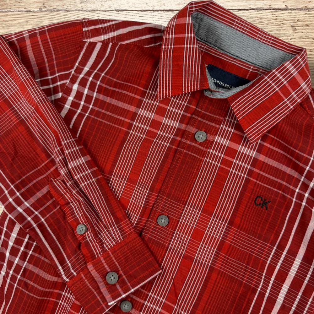 CALVIN KLEIN Jeans Boys Red Plaid Long Sleeve Button‎ Down Shirt Size 5